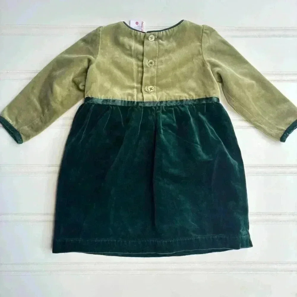Hanna Andersson Girls Dress size 80 Holiday Green Velvet color block bow 18-24M - Picture 6 of 6
